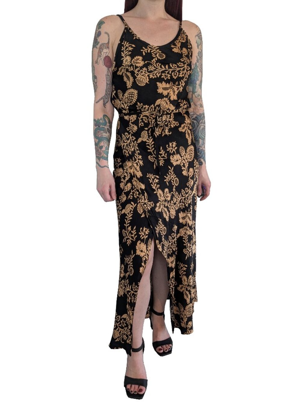 ZARA Black and Gold Floral Wrap Maxi Dress | S